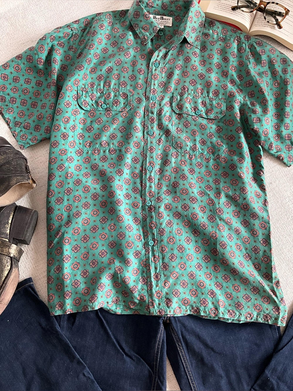 Retro Teal Silk Shirt 100% Silk Geometric Print Relaxed Fit Unisex Medium